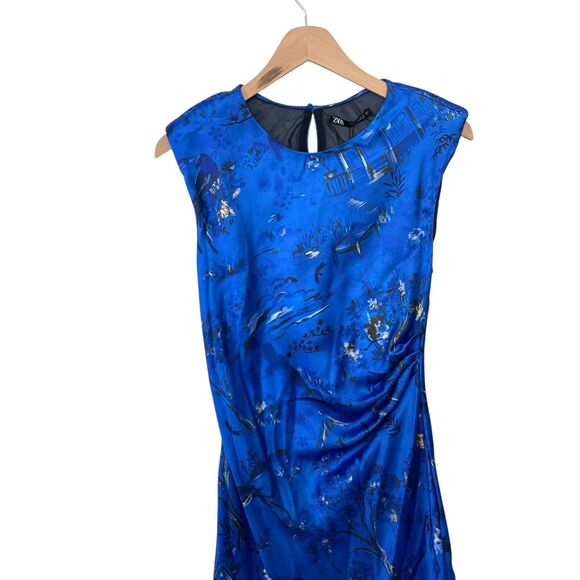ZARA Oriental Printed Satin Midi Dress Ruched Shoulder Pads Keyhole Blue Small - Picture 5 of 12